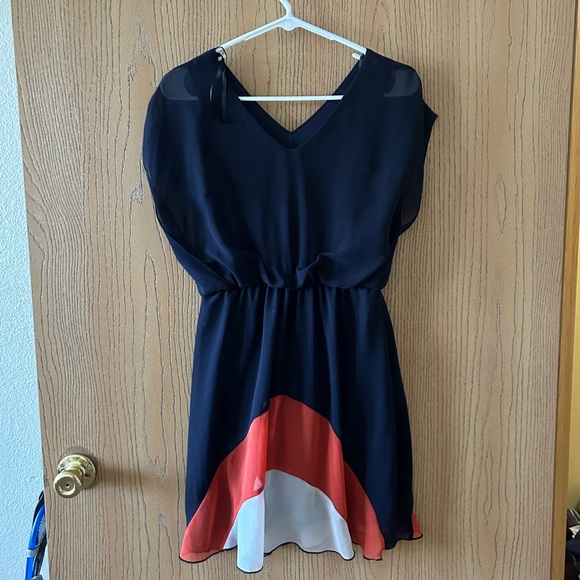 Chiffon Dress, Navy Blue, Orange, and White - Picture 2 of 3